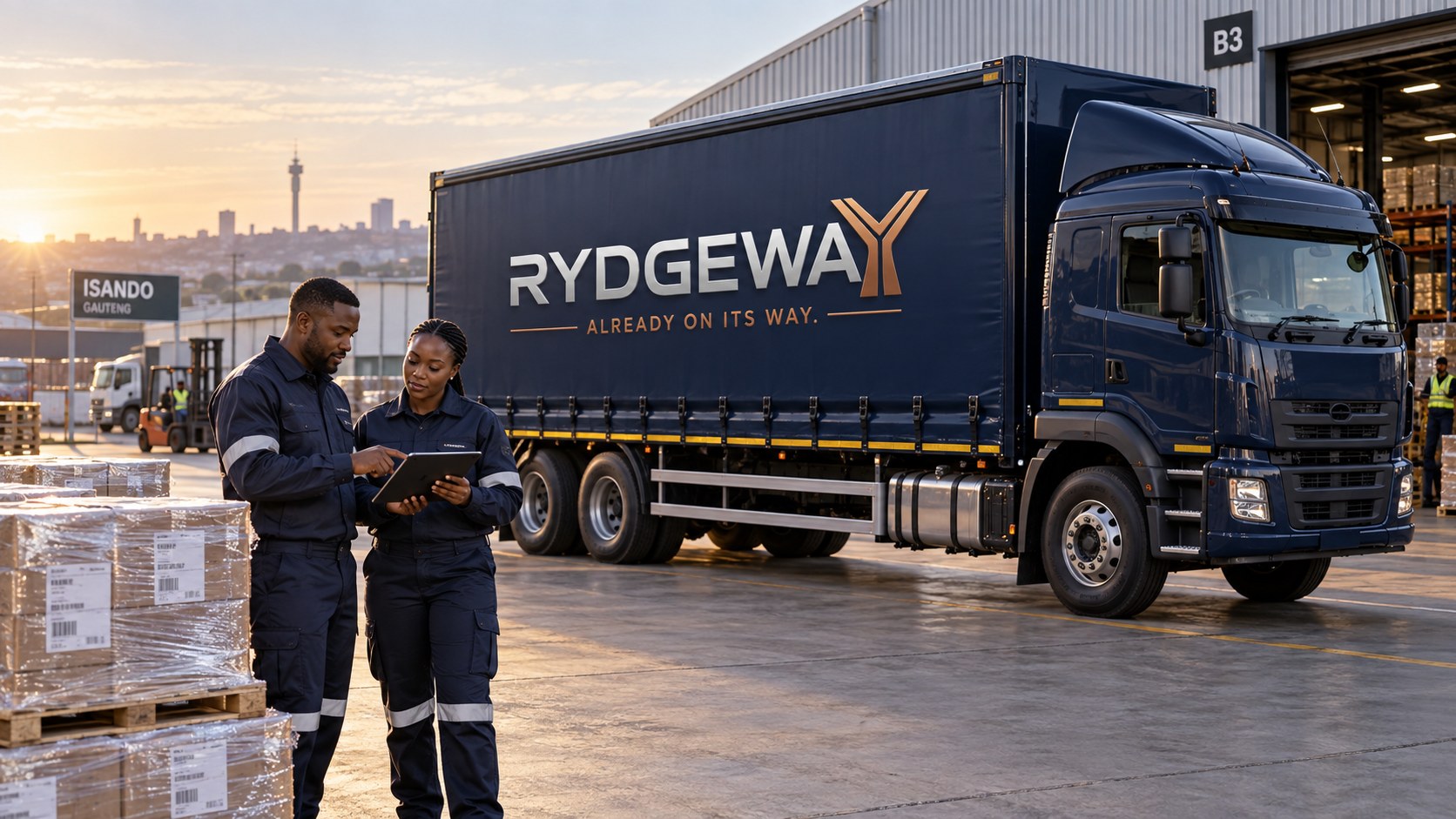 Single-logo RYDGEWAY truck at an Isando freight hub