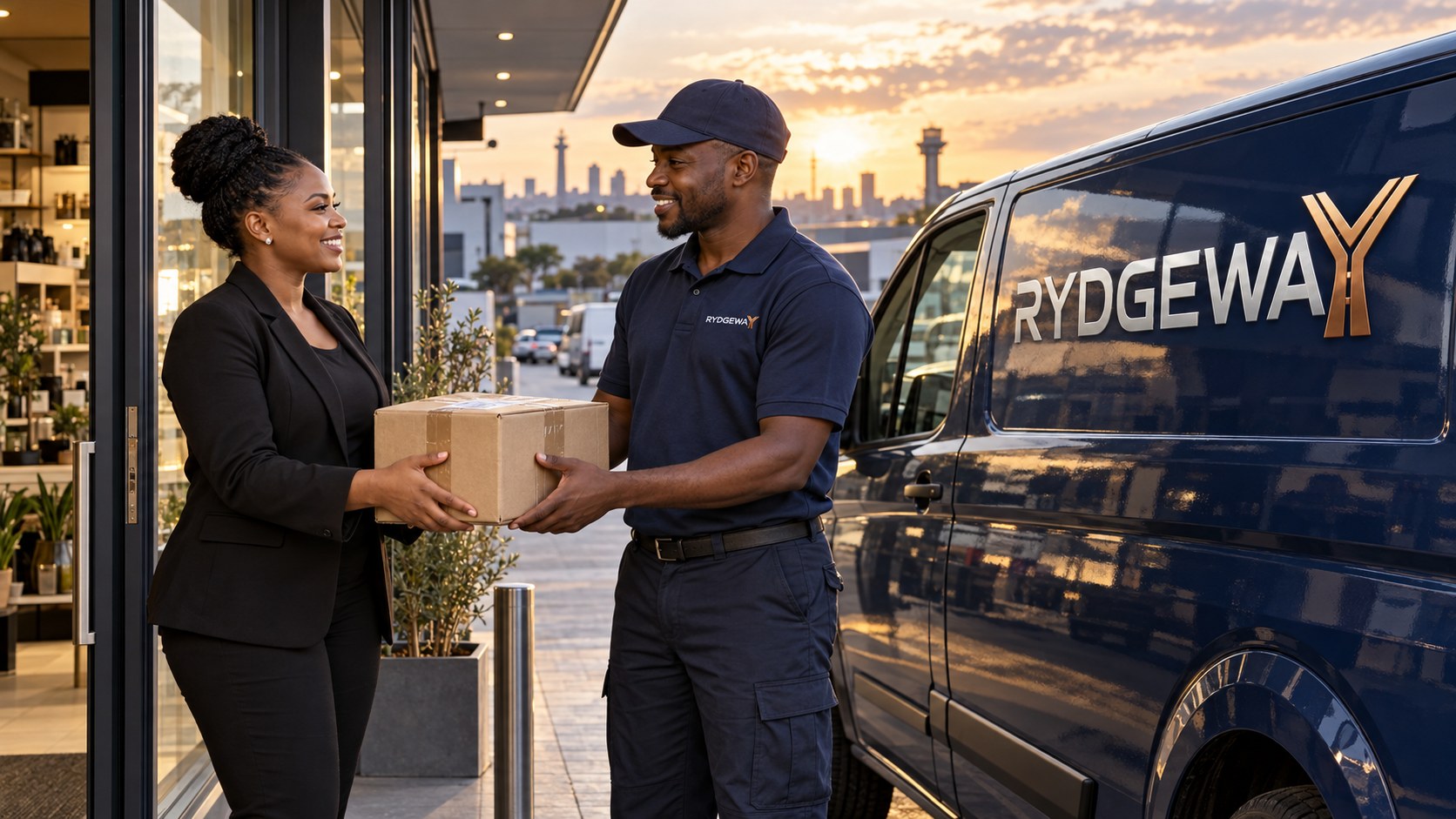 Branded RYDGEWAY driver collecting a parcel from a Gauteng retailer
